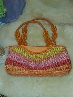 Woven Vintage Multicolor Straw Tote Bag with Orange Beaded Handles With Zipper